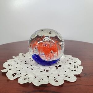 Vintage Starburst Art Glass Paperweight Blue &‎ Orange Bubbles Hand Blown Glass